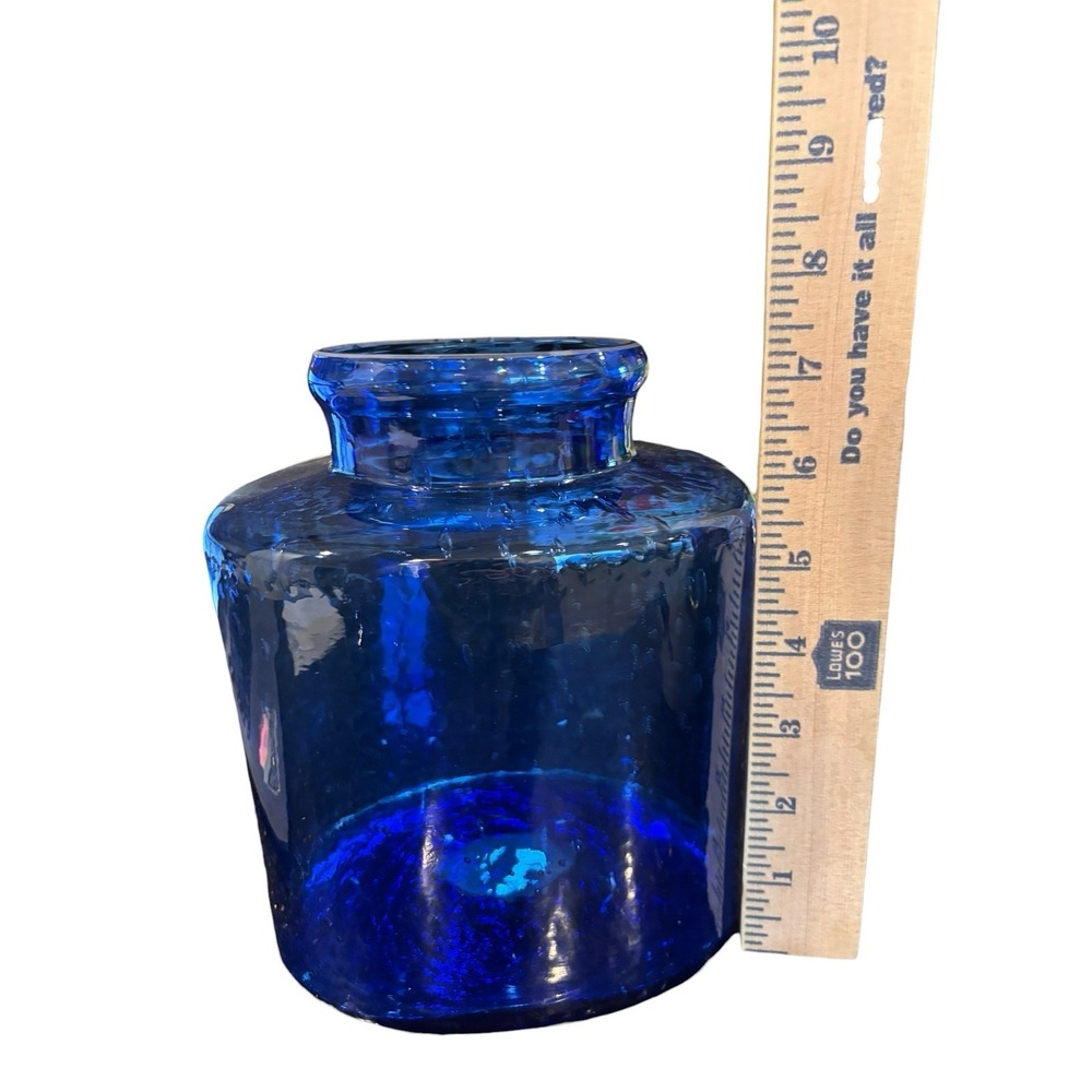 Mid Century Apothecary Jar Canister with Lid Blue Bubble Glass Hand Blown‎ 10" - Picture 9 of 9